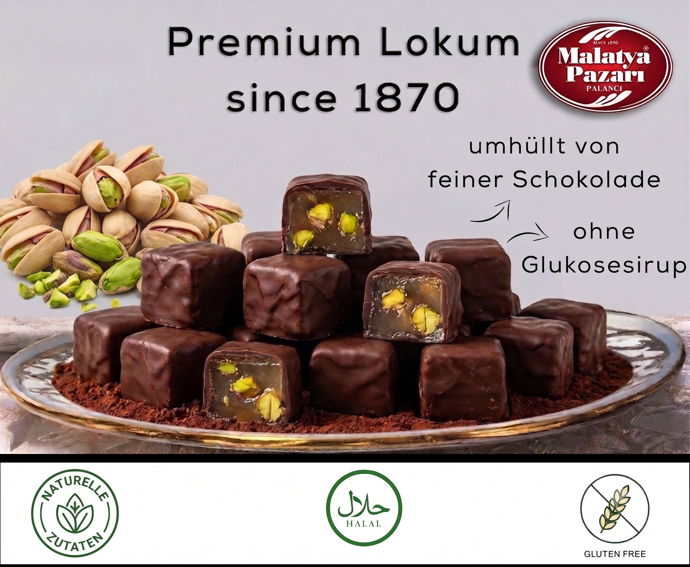 Pistazien Lokum mit feinstem Schokoüberzug in edler Geschenkbox (200g)