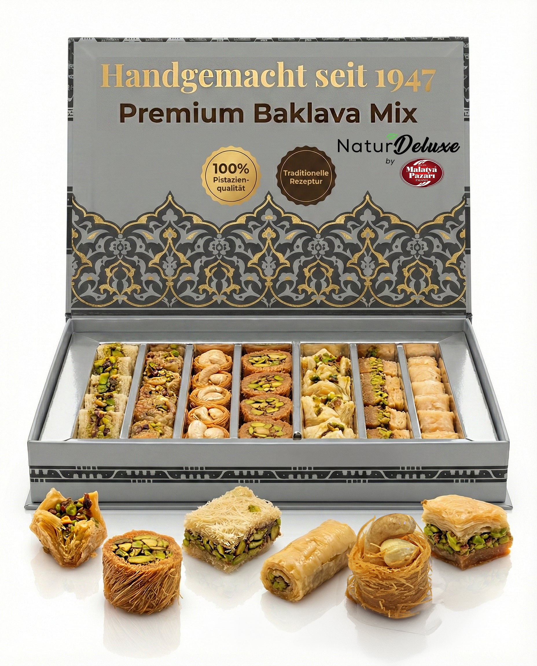 Premium Baklava Mix – 7 Sorten – Handgemacht seit 1947 – Orientalische Pistazien Baklava Geschenkbox – Frisch – Ohne Gentechnik, Ohne künstliche Zusätze, Halal – 400g