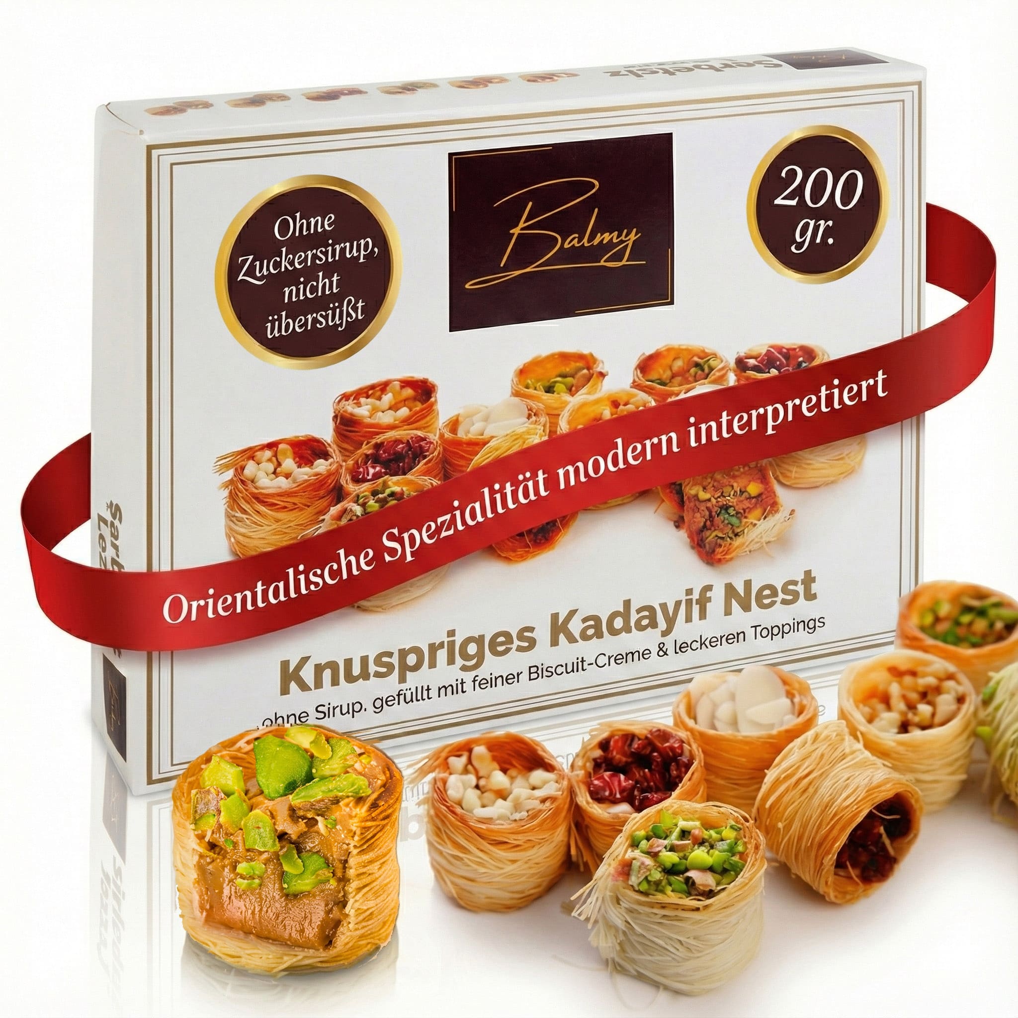 Balmy Kadayif Nest mit Biscuit-Cremefüllung – Knuspriges Kadayif ohne Sirup, gefüllt mit feiner Biskuitcreme & getoppt mit Pistazien, Mandeln, Haselnuss & sauren Rosinen