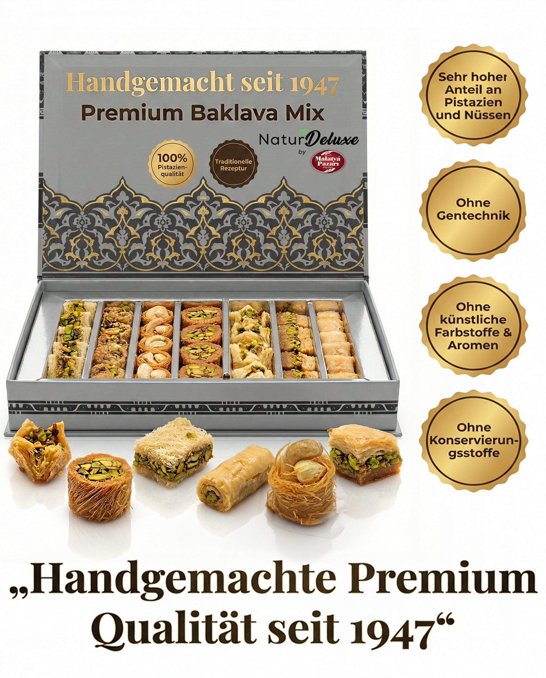 Premium Baklava Mix – 7 Sorten – Handgemacht seit 1947 – Orientalische Pistazien Baklava Geschenkbox – Frisch – Ohne Gentechnik, Ohne künstliche Zusätze, Halal – 400g