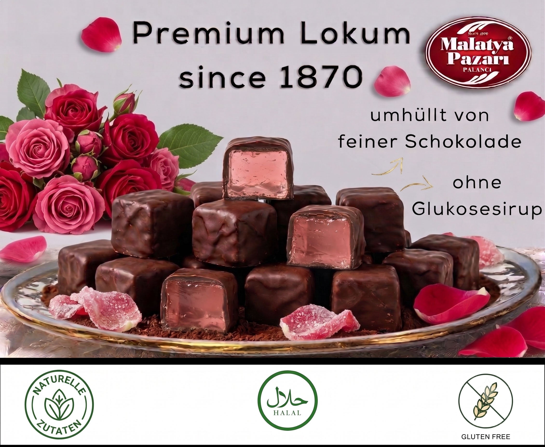 Rosen Lokum mit feinstem Schokoüberzug in edler Geschenkbox (200g)