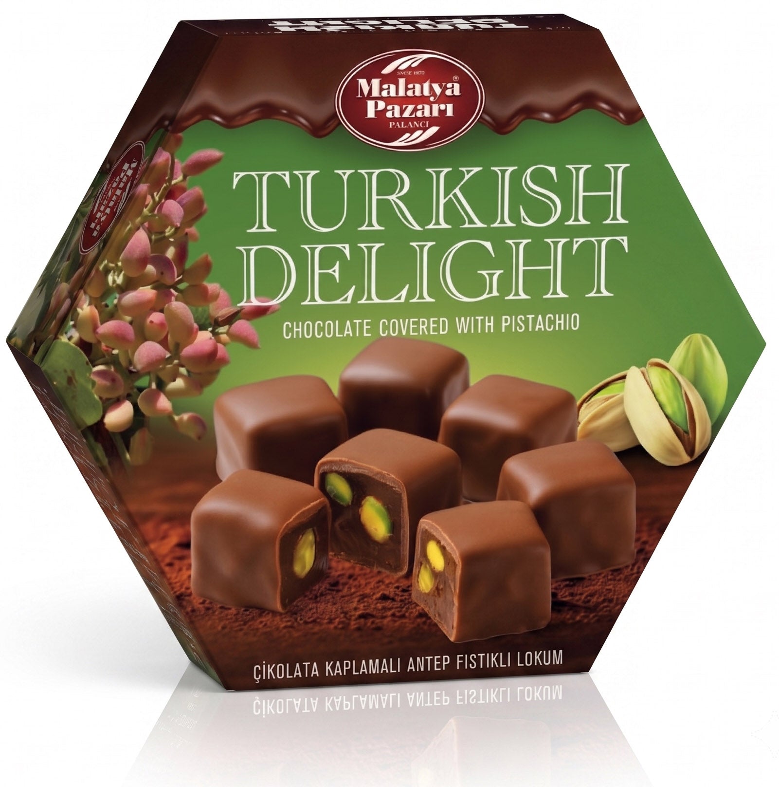 Pistazien Lokum mit feinstem Schokoüberzug in edler Geschenkbox (200g)