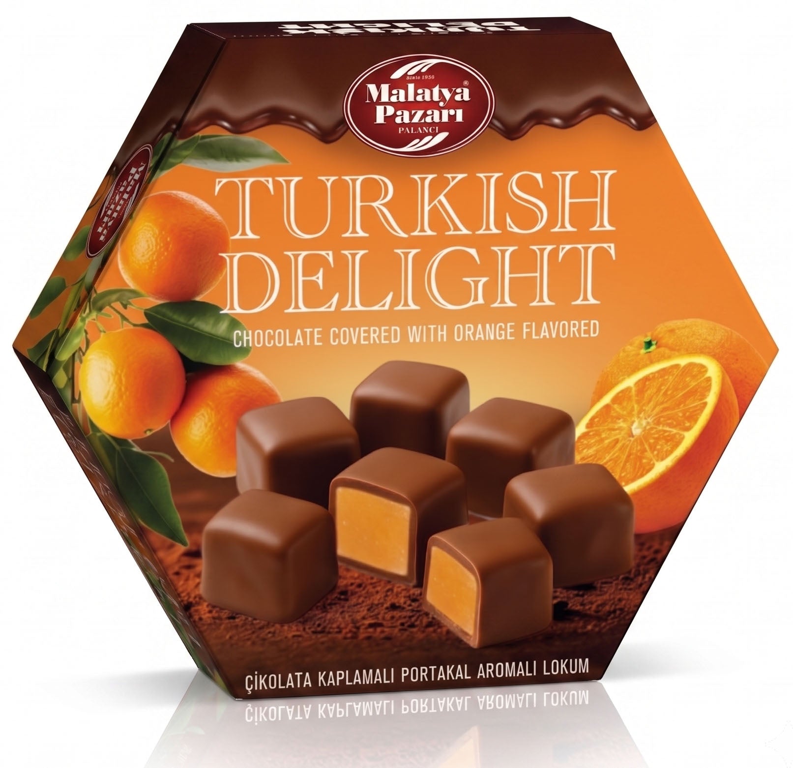 Orange Lokum mit feinstem Schokoüberzug in edler Geschenkbox (200g)