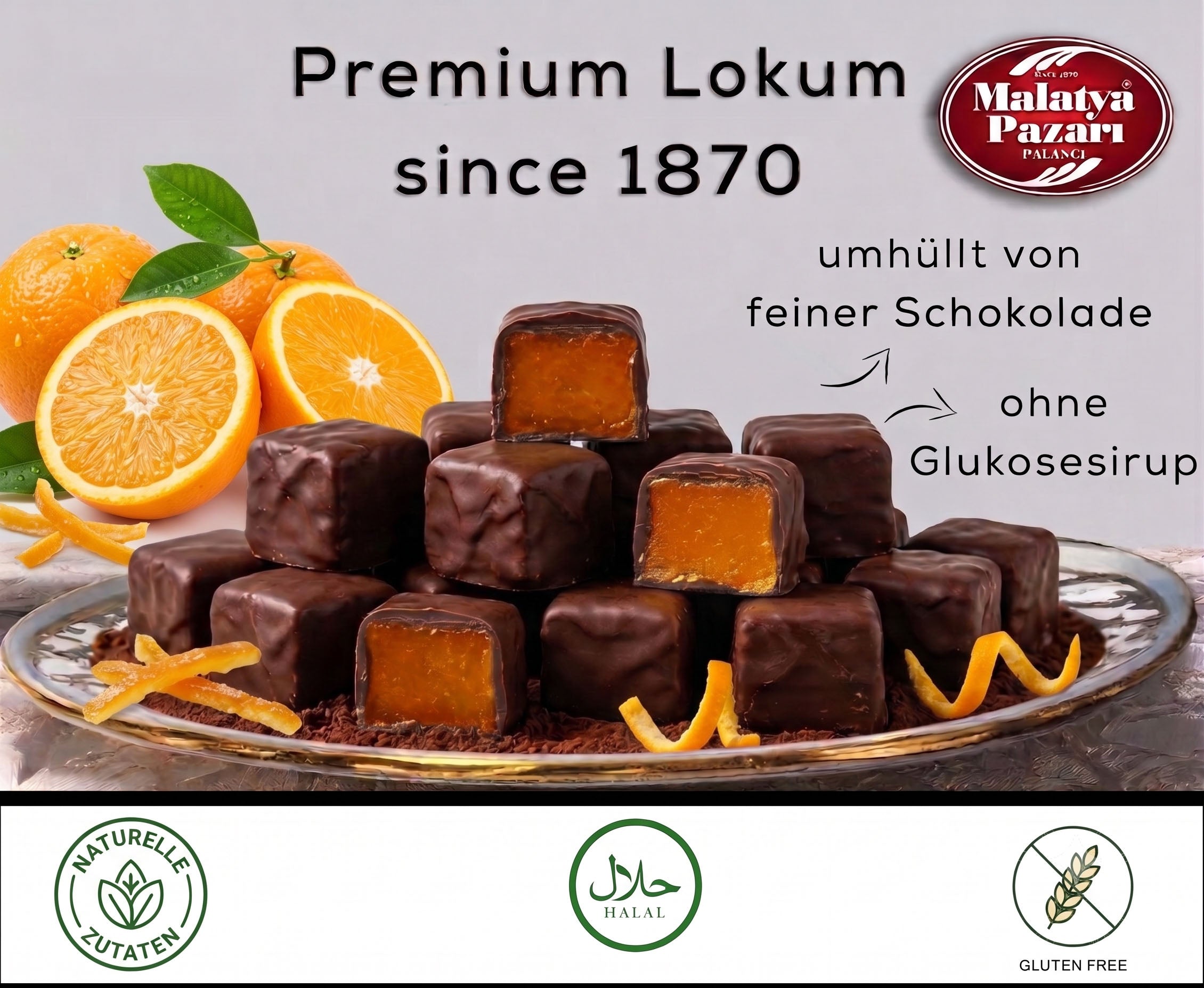 Orange Lokum mit feinstem Schokoüberzug in edler Geschenkbox (200g)